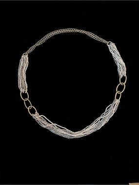 Multi-Strand Silver Bead and Gold Link Fringe Necklace